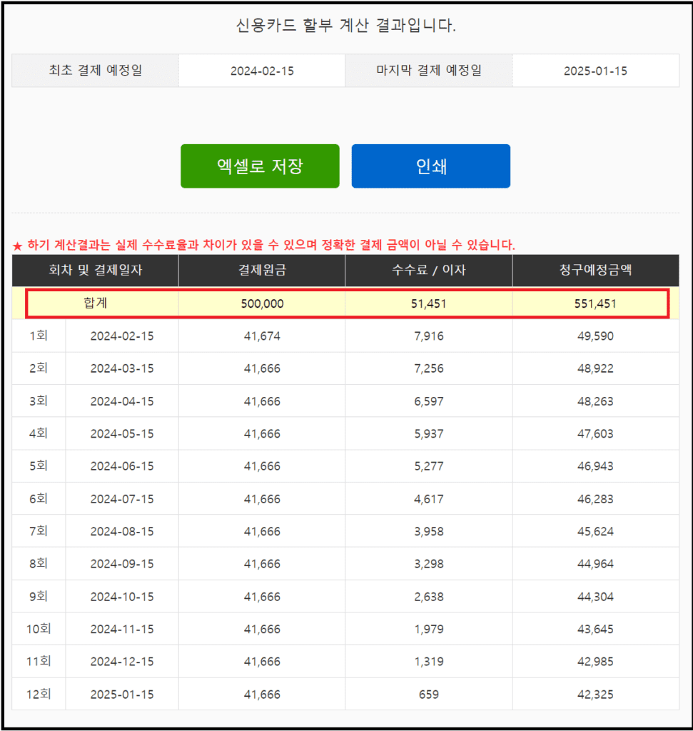 할부수수료 계산기로 직접 계산방법 - 예스폼